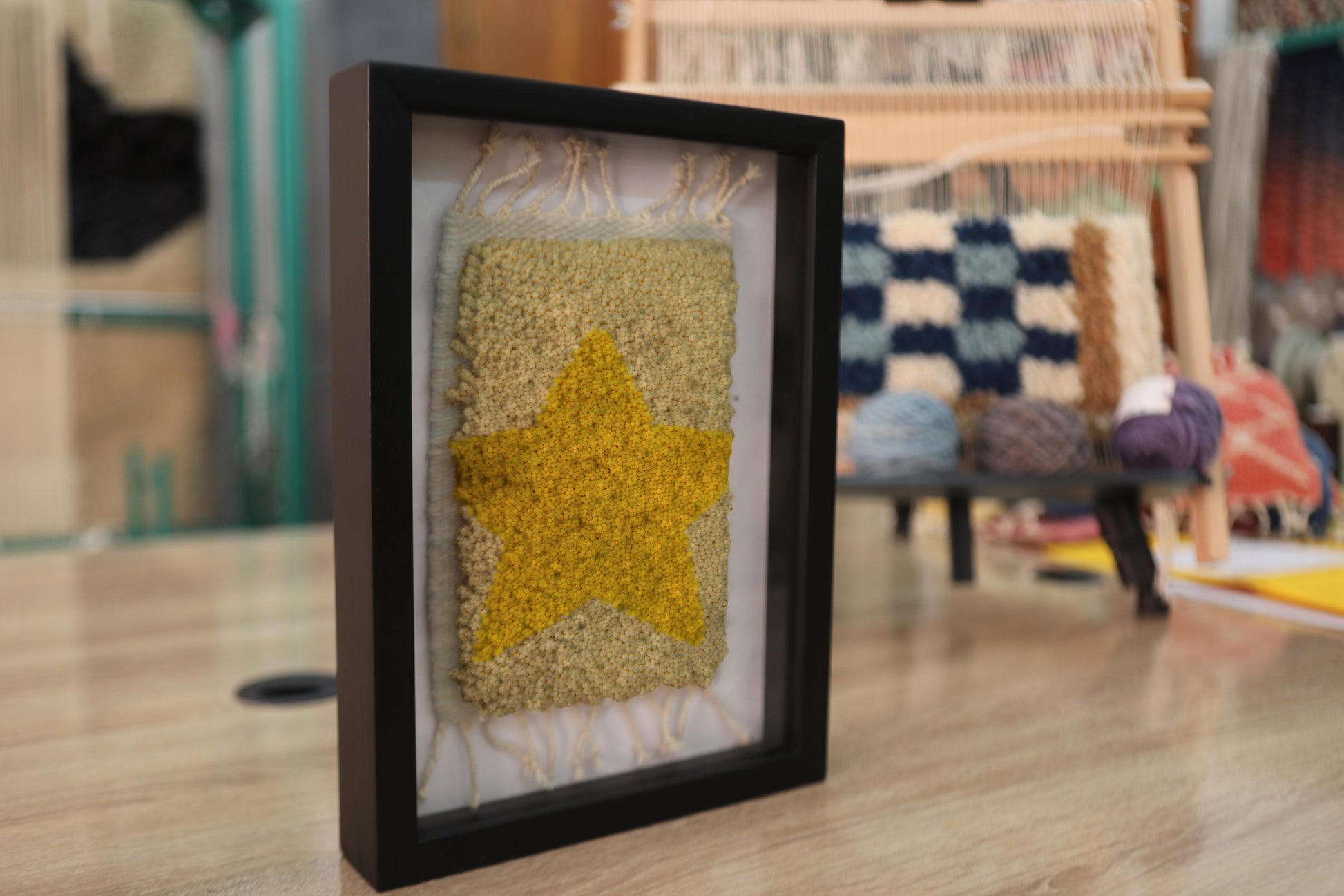 moroccan rug, hollow star wool art, framed wall hanging, hand-knotted moroccan textile, boho star rug decor, yellow and beige wool rug, knot by knot rug, kids wall art, celestial moroccan wool art, framed handmade tapestry, 25x31 cm star rug, nursery decor rug
