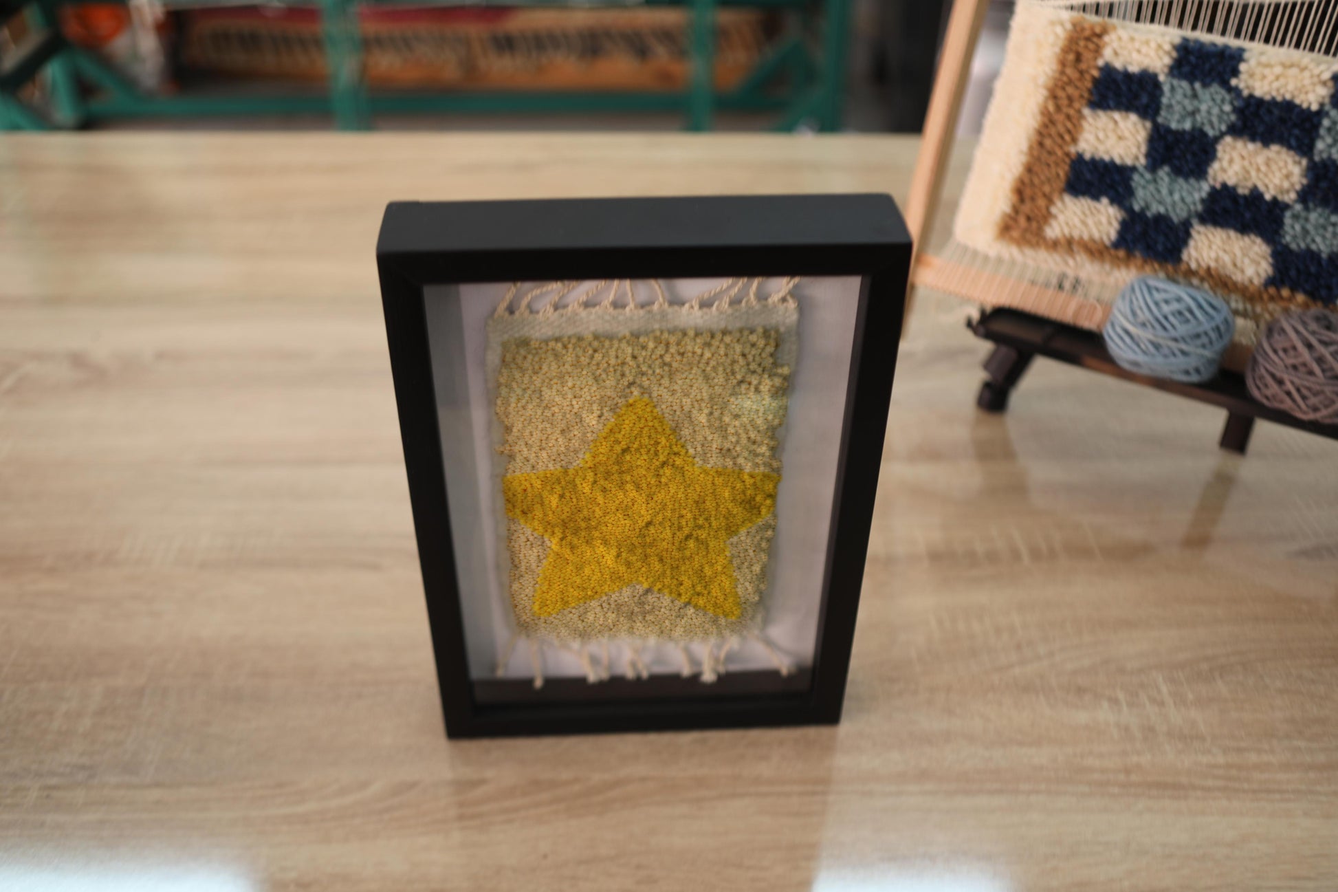 moroccan rug, hollow star wool art, framed wall hanging, hand-knotted moroccan textile, boho star rug decor, yellow and beige wool rug, knot by knot rug, kids wall art, celestial moroccan wool art, framed handmade tapestry, 25x31 cm star rug, nursery decor rug
