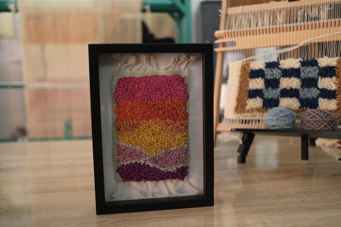 moroccan rug, knot by knot tapestry, sunset color rug art, hand-knotted wool wall hanging, gradient rug decor, boho textile wall piece, pink orange yellow rug, framed moroccan wool art, 25x31 cm wall tapestry
