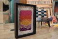 moroccan rug, knot by knot tapestry, sunset color rug art, hand-knotted wool wall hanging, gradient rug decor, boho textile wall piece, pink orange yellow rug, framed moroccan wool art, 25x31 cm wall tapestry