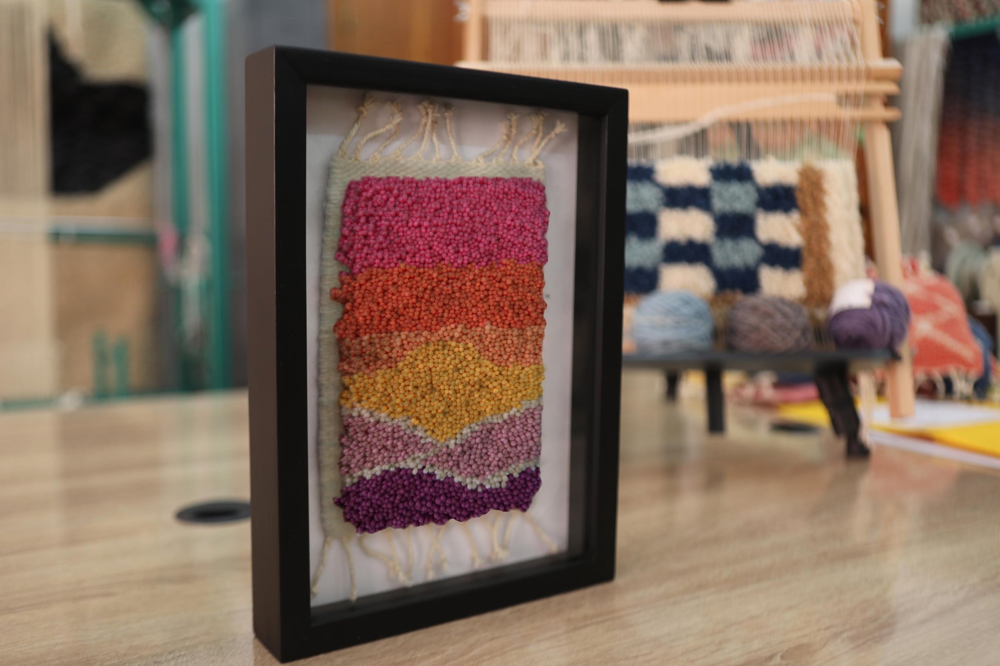 moroccan rug, knot by knot tapestry, sunset color rug art, hand-knotted wool wall hanging, gradient rug decor, boho textile wall piece, pink orange yellow rug, framed moroccan wool art, 25x31 cm wall tapestry
