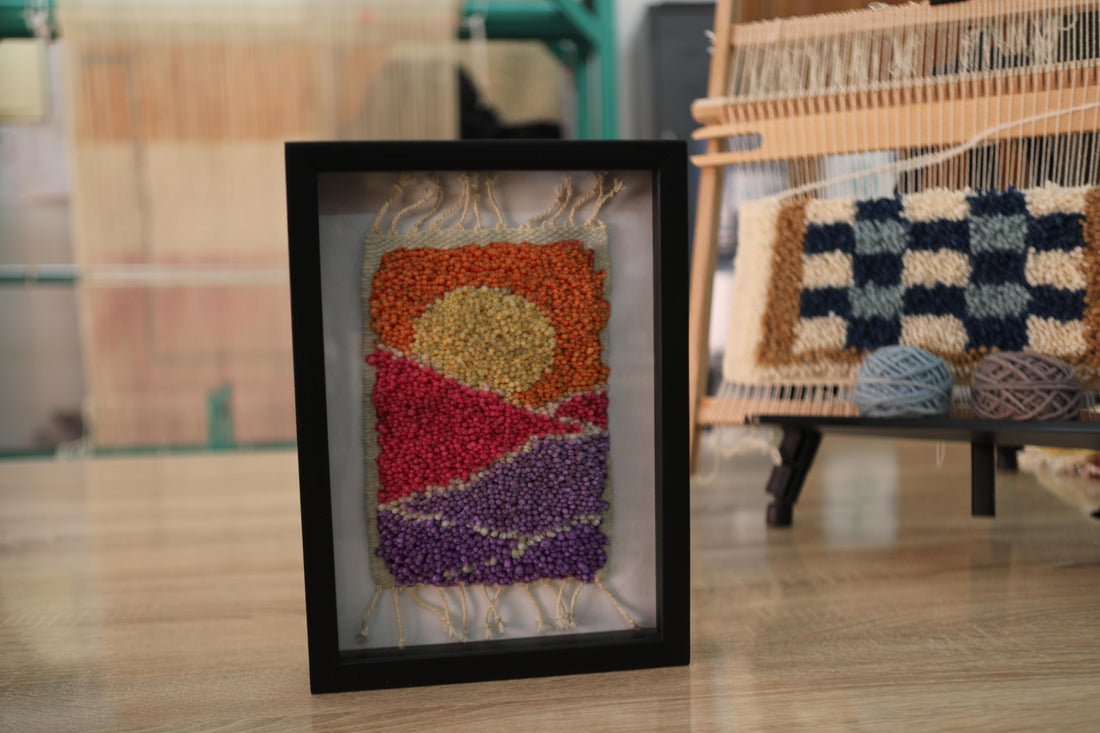 moroccan rug, knot by knot wall art, desert sunset rug, wool tapestry, framed rug decor, purple and orange wall hanging, sun-inspired textile art, boho decor, handmade rug painting, 25x31 cm moroccan wool rug
