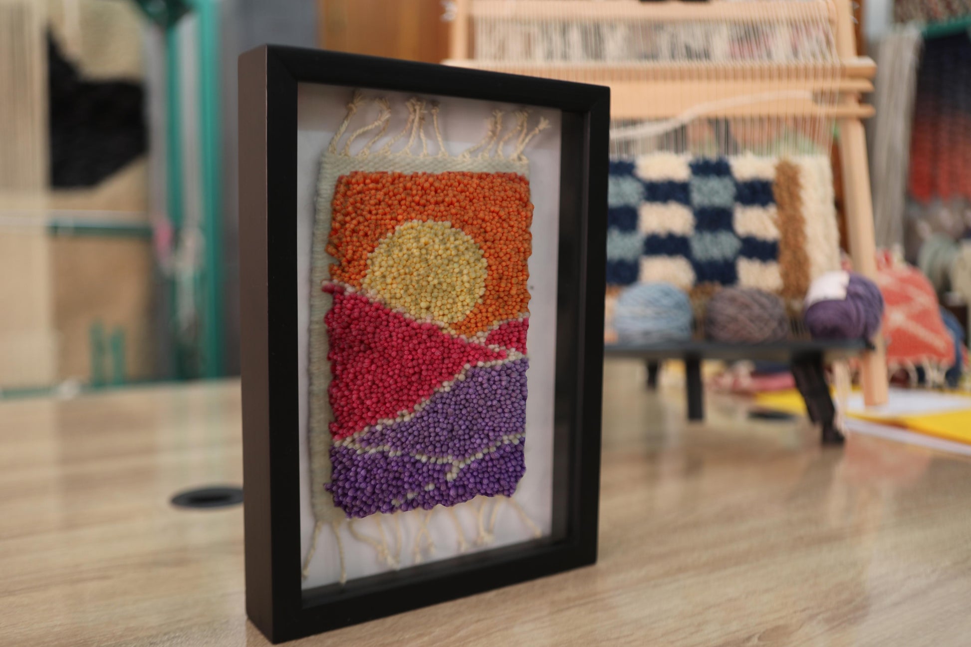 moroccan rug, knot by knot wall art, desert sunset rug, wool tapestry, framed rug decor, purple and orange wall hanging, sun-inspired textile art, boho decor, handmade rug painting, 25x31 cm moroccan wool rug
