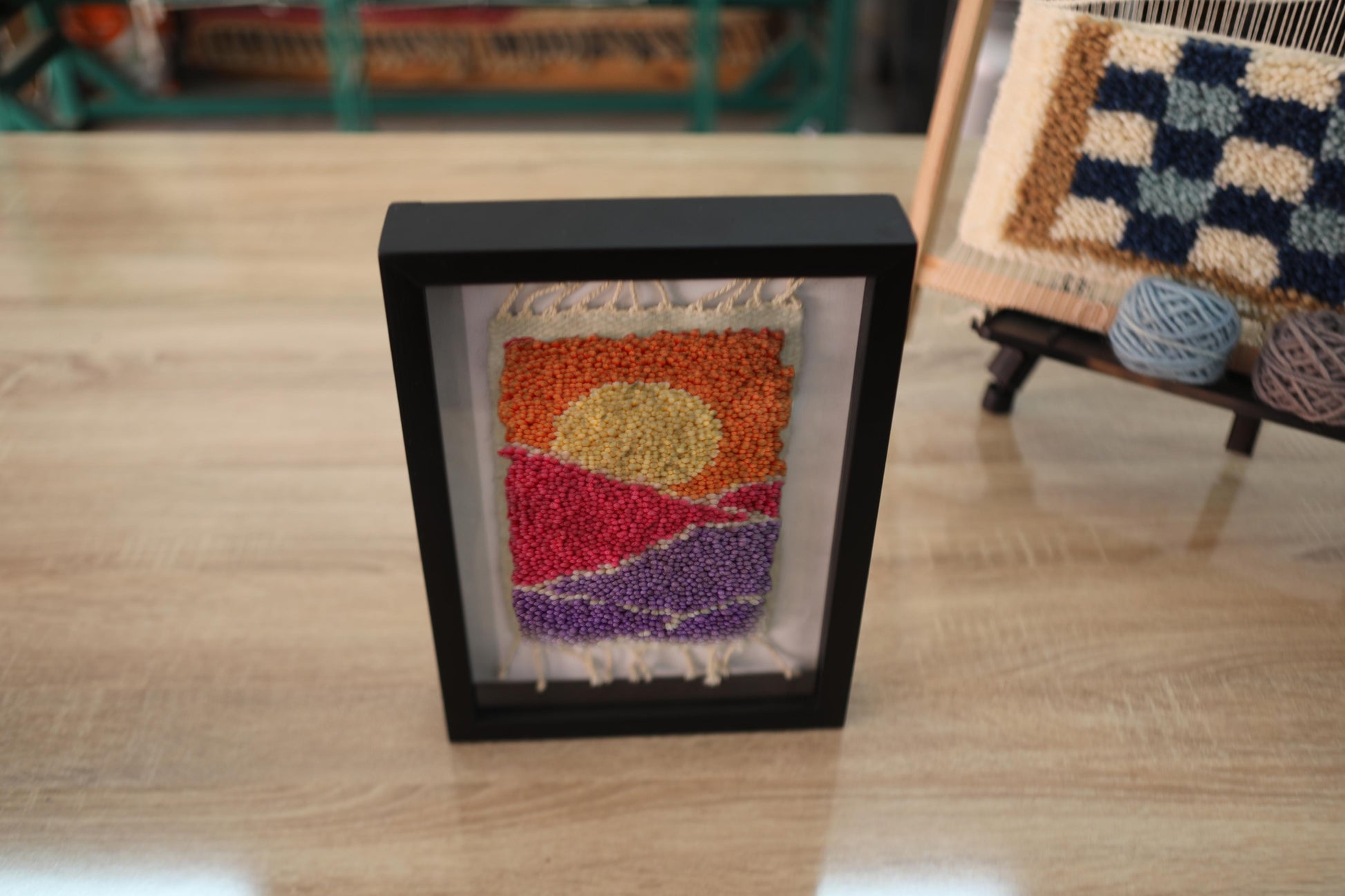 moroccan rug, knot by knot wall art, desert sunset rug, wool tapestry, framed rug decor, purple and orange wall hanging, sun-inspired textile art, boho decor, handmade rug painting, 25x31 cm moroccan wool rug
