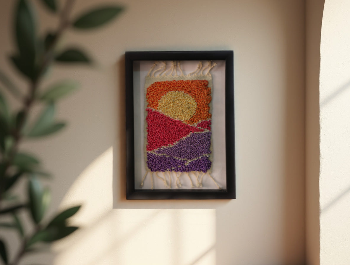 moroccan rug, knot by knot wall art, desert sunset rug, wool tapestry, framed rug decor, purple and orange wall hanging, sun-inspired textile art, boho decor, handmade rug painting, 25x31 cm moroccan wool rug
