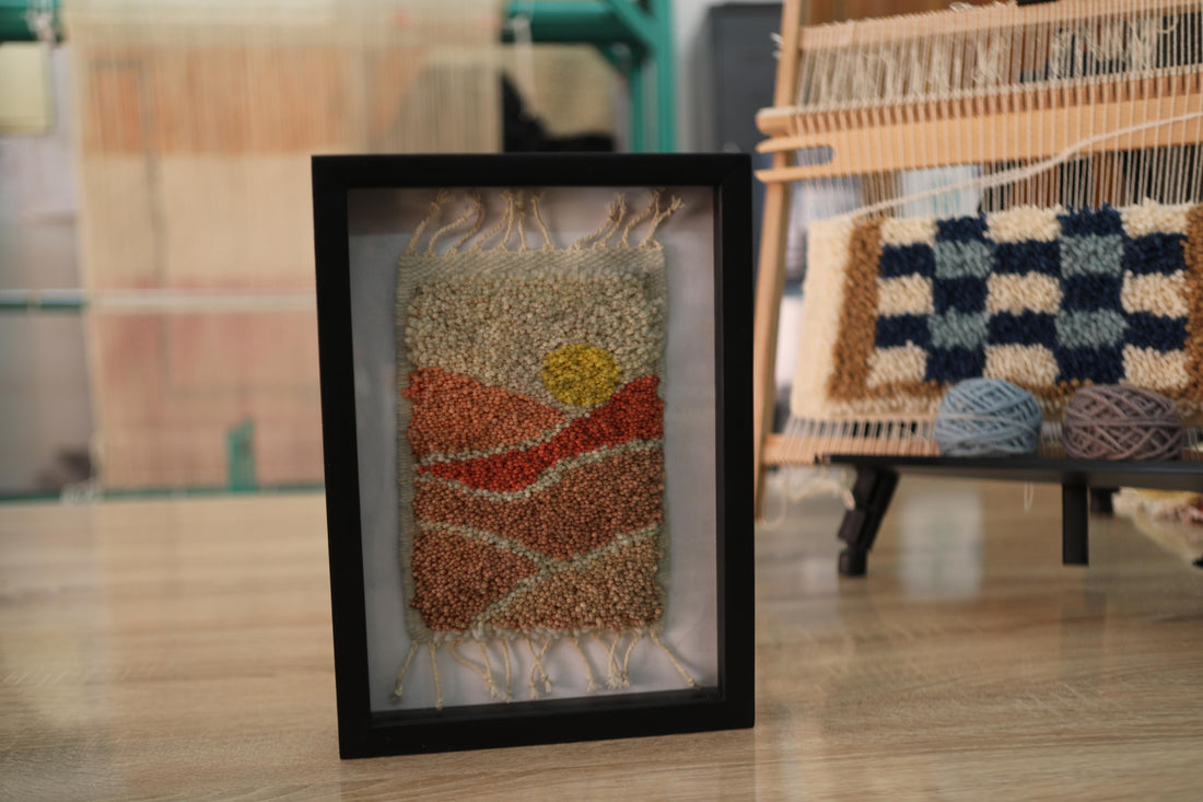 moroccan rug, landscape wall art, desert scene rug, sunset moroccan mini rug, wool tapestry art, knot by knot moroccan weaving, hand-knotted wool artwork, framed rug wall hanging, 25x31 cm rug, moroccan textile decor

