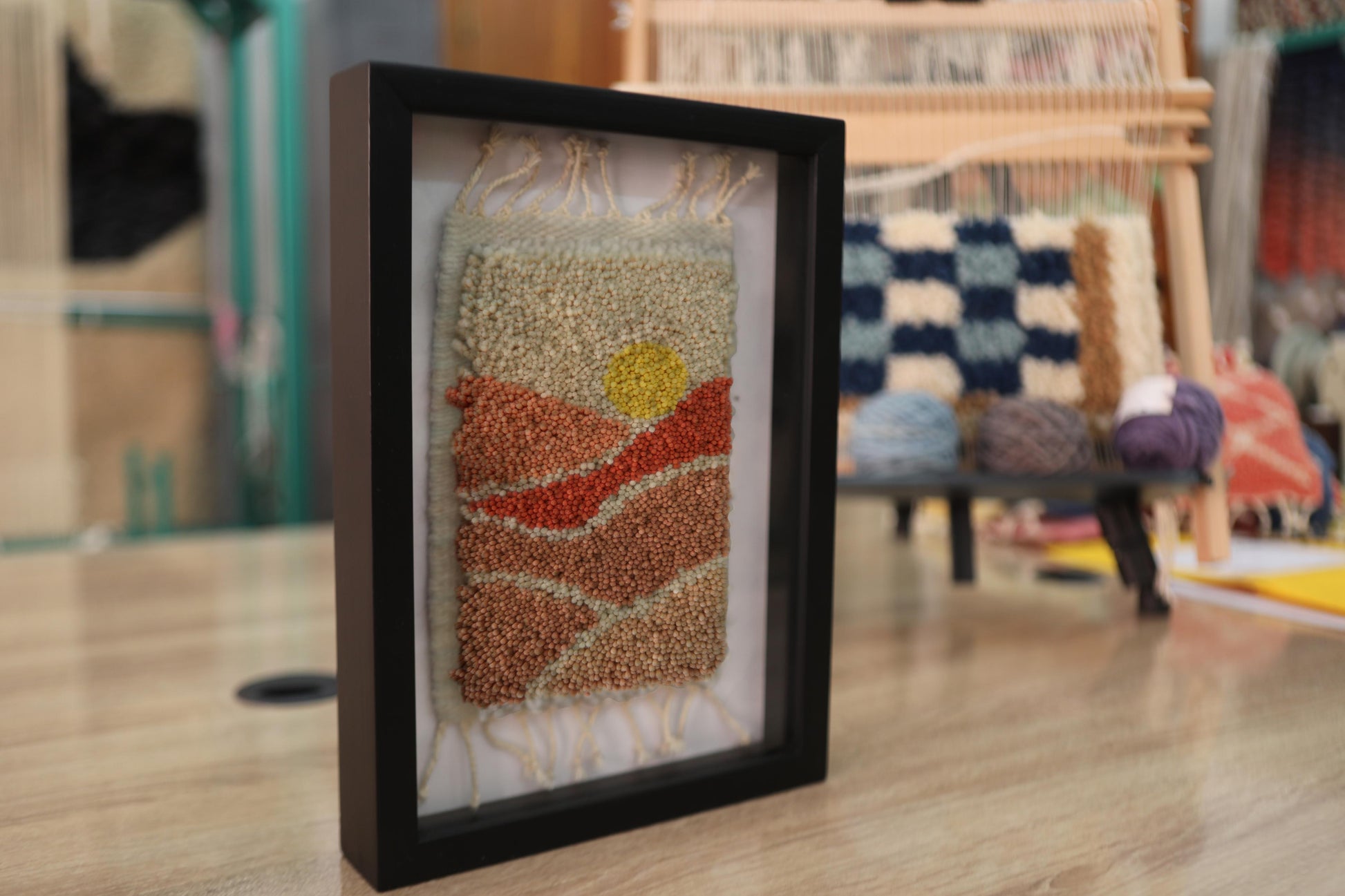 moroccan rug, landscape wall art, desert scene rug, sunset moroccan mini rug, wool tapestry art, knot by knot moroccan weaving, hand-knotted wool artwork, framed rug wall hanging, 25x31 cm rug, moroccan textile decor
