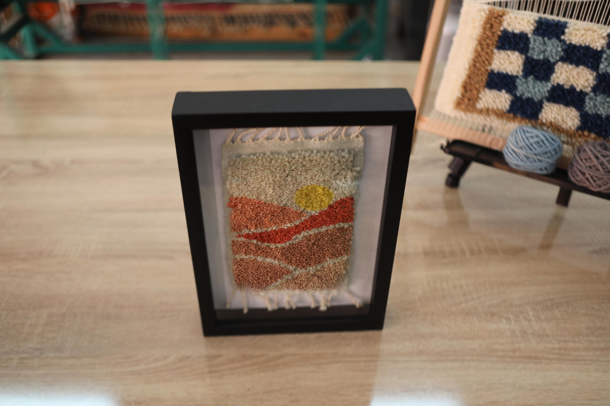moroccan rug, landscape wall art, desert scene rug, sunset moroccan mini rug, wool tapestry art, knot by knot moroccan weaving, hand-knotted wool artwork, framed rug wall hanging, 25x31 cm rug, moroccan textile decor

