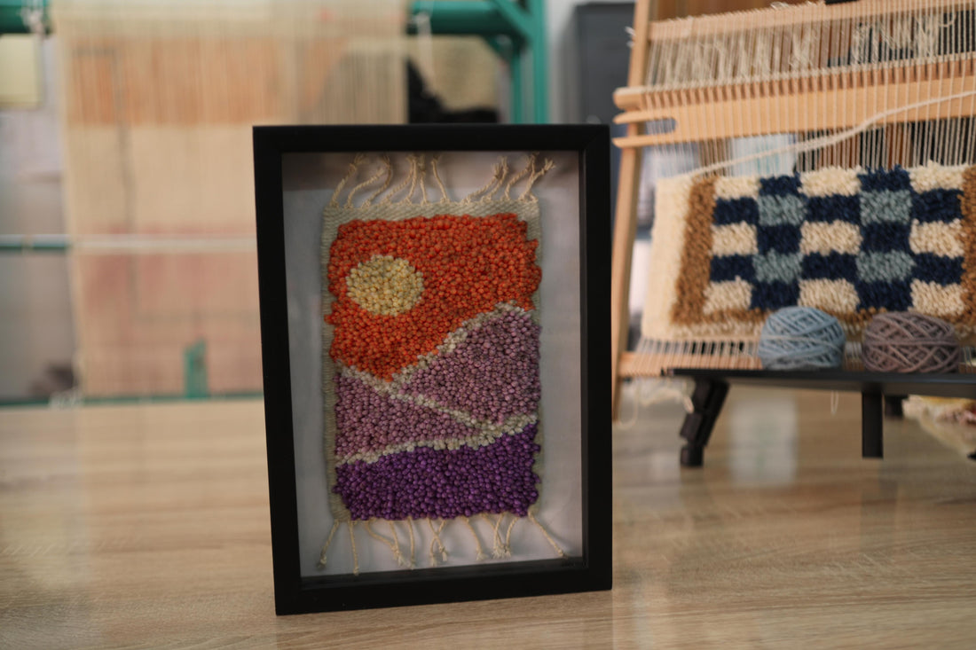 moroccan rug, lavender mountain rug, wool wall art, hand knotted framed tapestry, abstract landscape art, boho decor, mini rug wall hanging, colorful wool art, knot by knot rug, 25x31 cm framed
