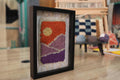 moroccan rug, lavender mountain rug, wool wall art, hand knotted framed tapestry, abstract landscape art, boho decor, mini rug wall hanging, colorful wool art, knot by knot rug, 25x31 cm framed
