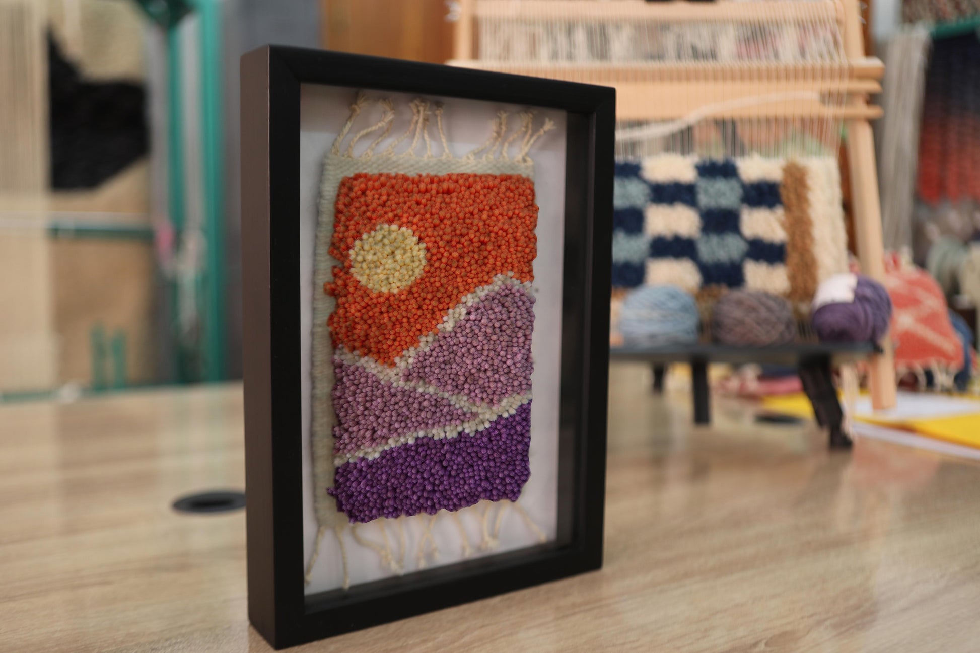 moroccan rug, lavender mountain rug, wool wall art, hand knotted framed tapestry, abstract landscape art, boho decor, mini rug wall hanging, colorful wool art, knot by knot rug, 25x31 cm framed
