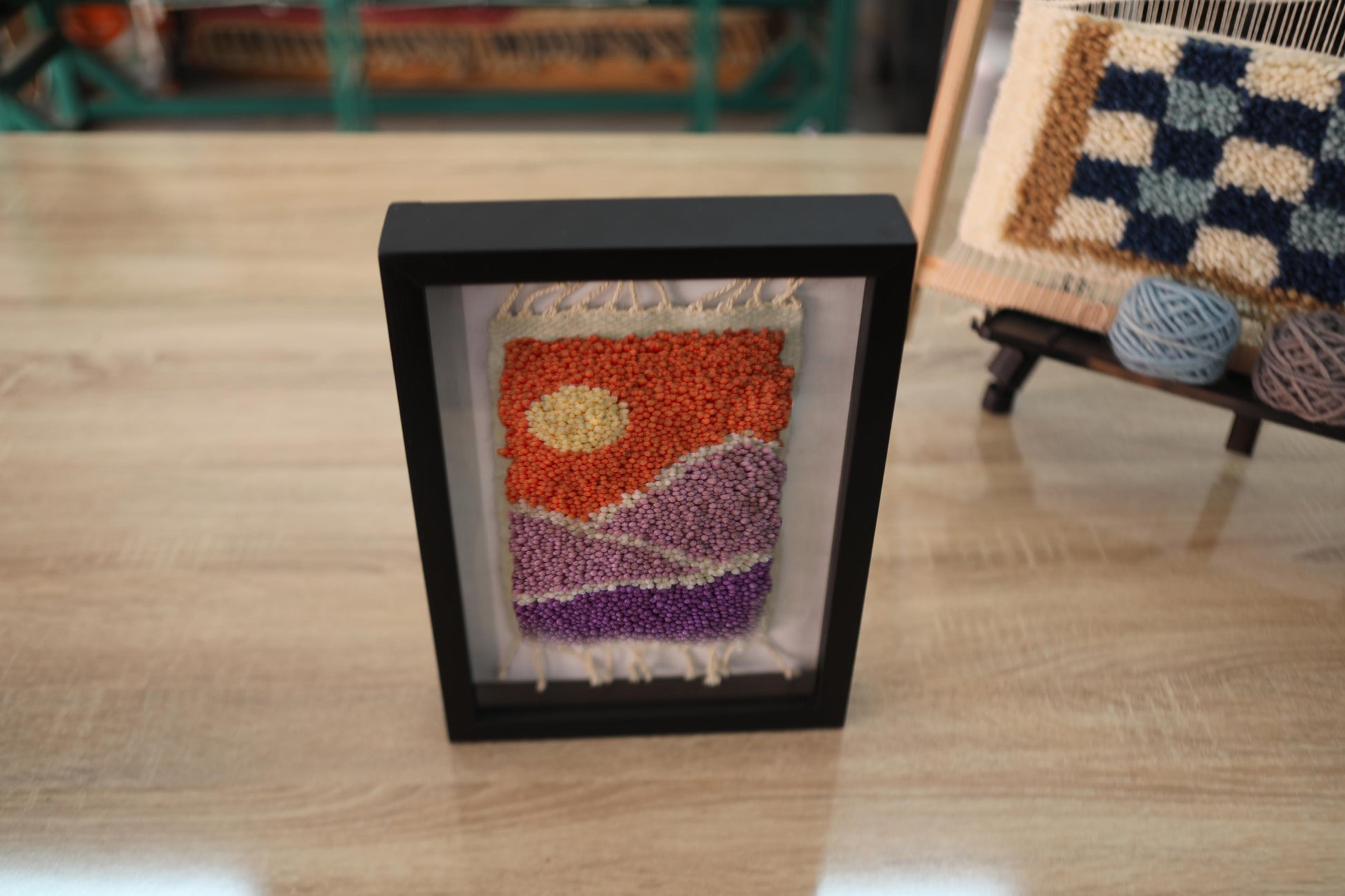 moroccan rug, lavender mountain rug, wool wall art, hand knotted framed tapestry, abstract landscape art, boho decor, mini rug wall hanging, colorful wool art, knot by knot rug, 25x31 cm framed
