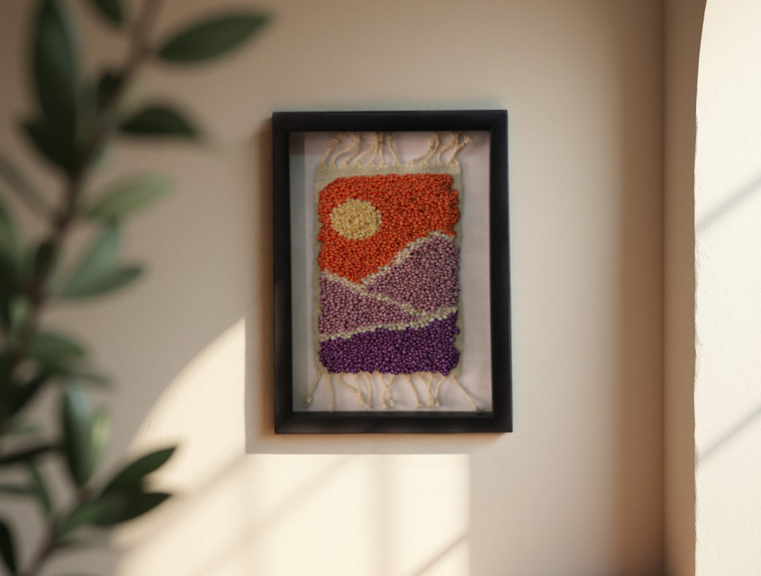 moroccan rug, lavender mountain rug, wool wall art, hand knotted framed tapestry, abstract landscape art, boho decor, mini rug wall hanging, colorful wool art, knot by knot rug, 25x31 cm framed
