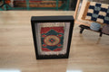 moroccan rug, medallion rug, circular rug motif, framed wool tapestry, hand knotted rug wall art, artisan moroccan weaving, red blue beige rug, mini moroccan textile, boho home decor, knot by knot weaving
