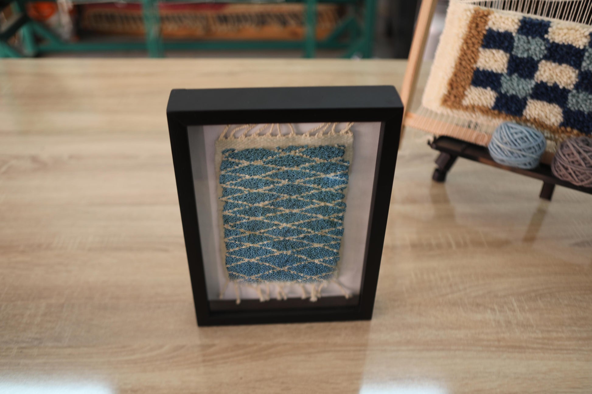 moroccan rug, mini rug, diamond pattern textile, hand knotted rug, desert wave motif, wall art, framed moroccan rug, blue and beige wool, artisan weaving, knot by knot, 25x31 cm rug
