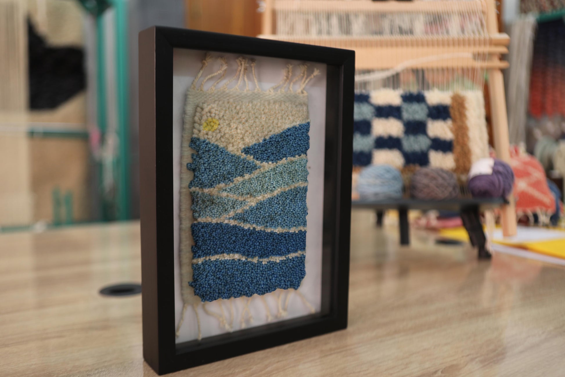 moroccan rug, mini wall art, wool landscape textile, sun and mountain rug, knot by knot weaving, framed rug decor, desert tones, 25x31 cm handmade rug, artisan moroccan weaving
