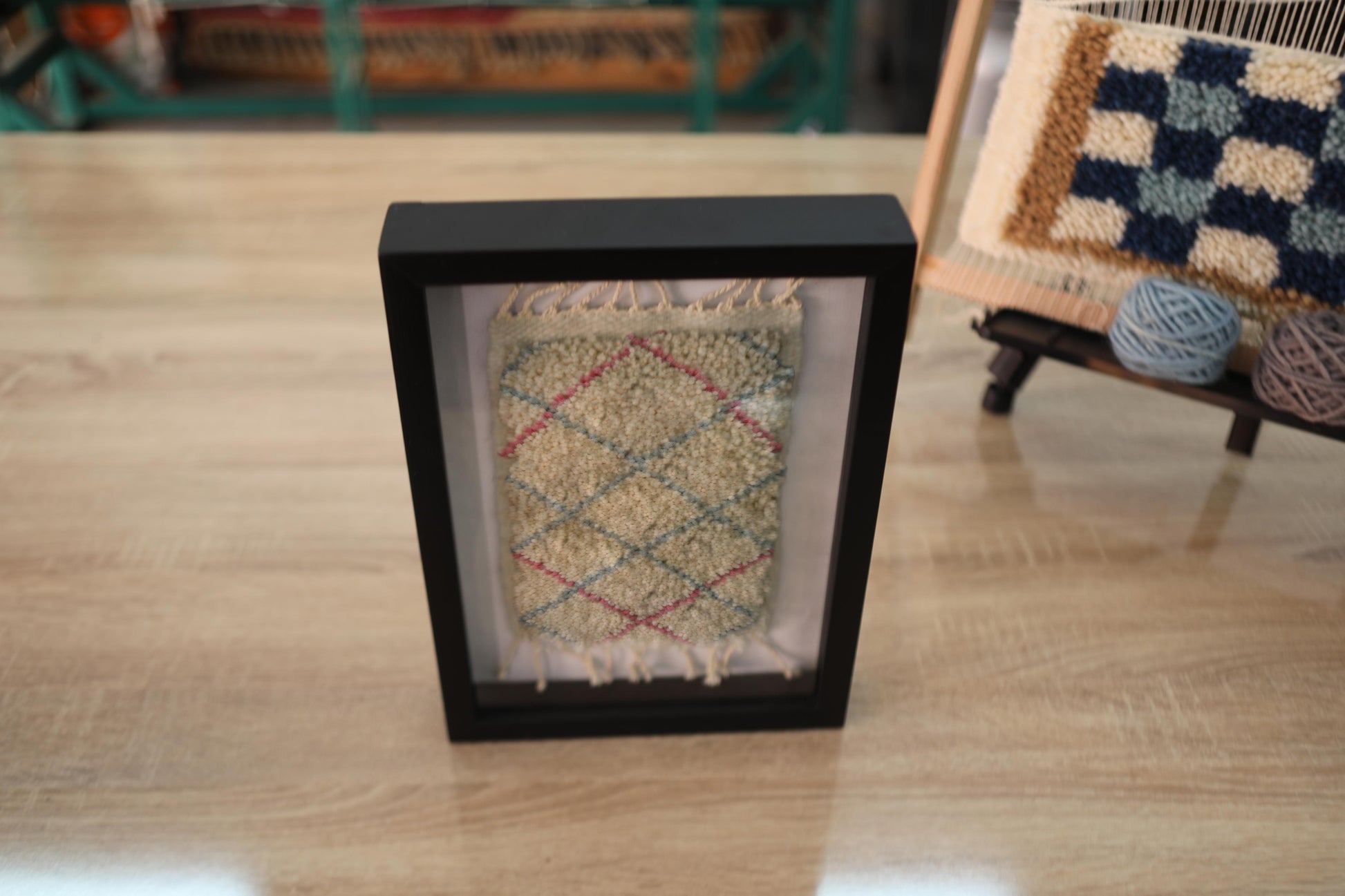 moroccan rug, red and blue diamond rug, framed wool art, hand-knotted moroccan rug, ivory wool mini rug, moroccan decor wall art, rug tableau, traditional moroccan textile
