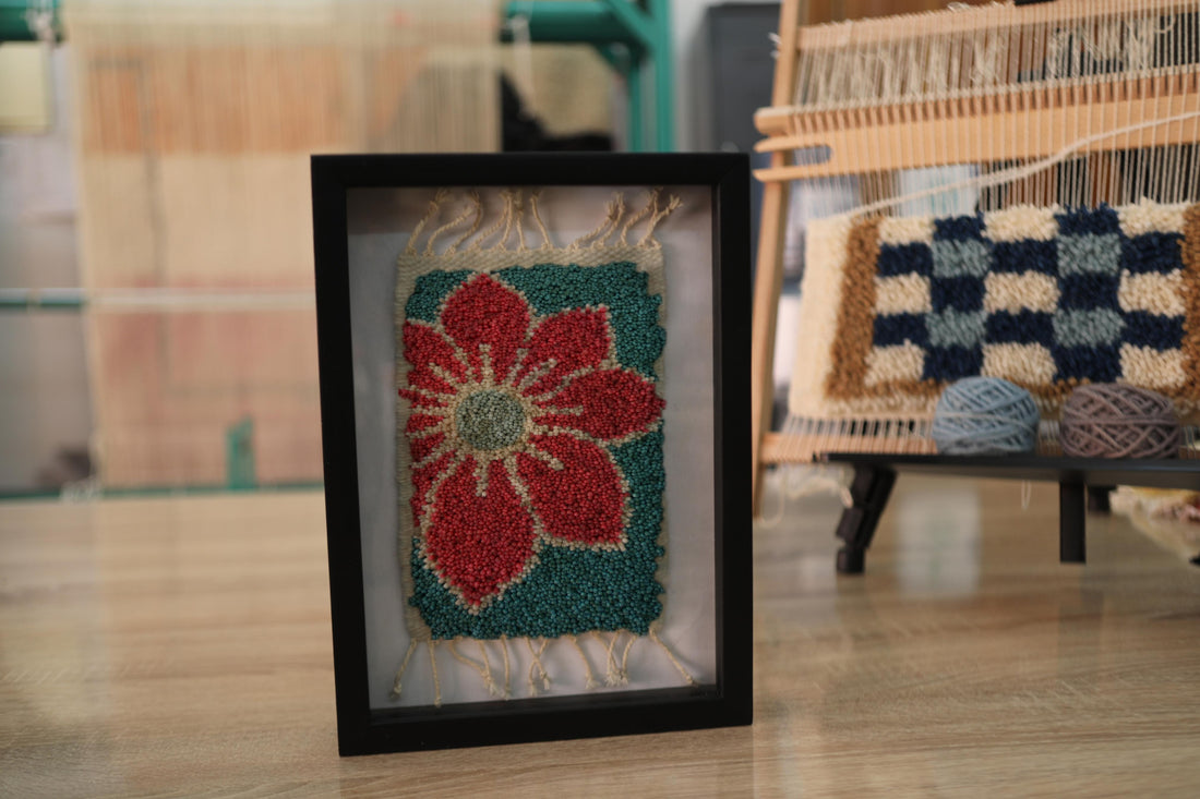 moroccan rug, red flower rug, hand-knotted wall decor, framed mini rug, floral wool tapestry, artisan moroccan textile, boho wall art, flower rug decor, knot by knot weaving, 25x31 cm framed rug
