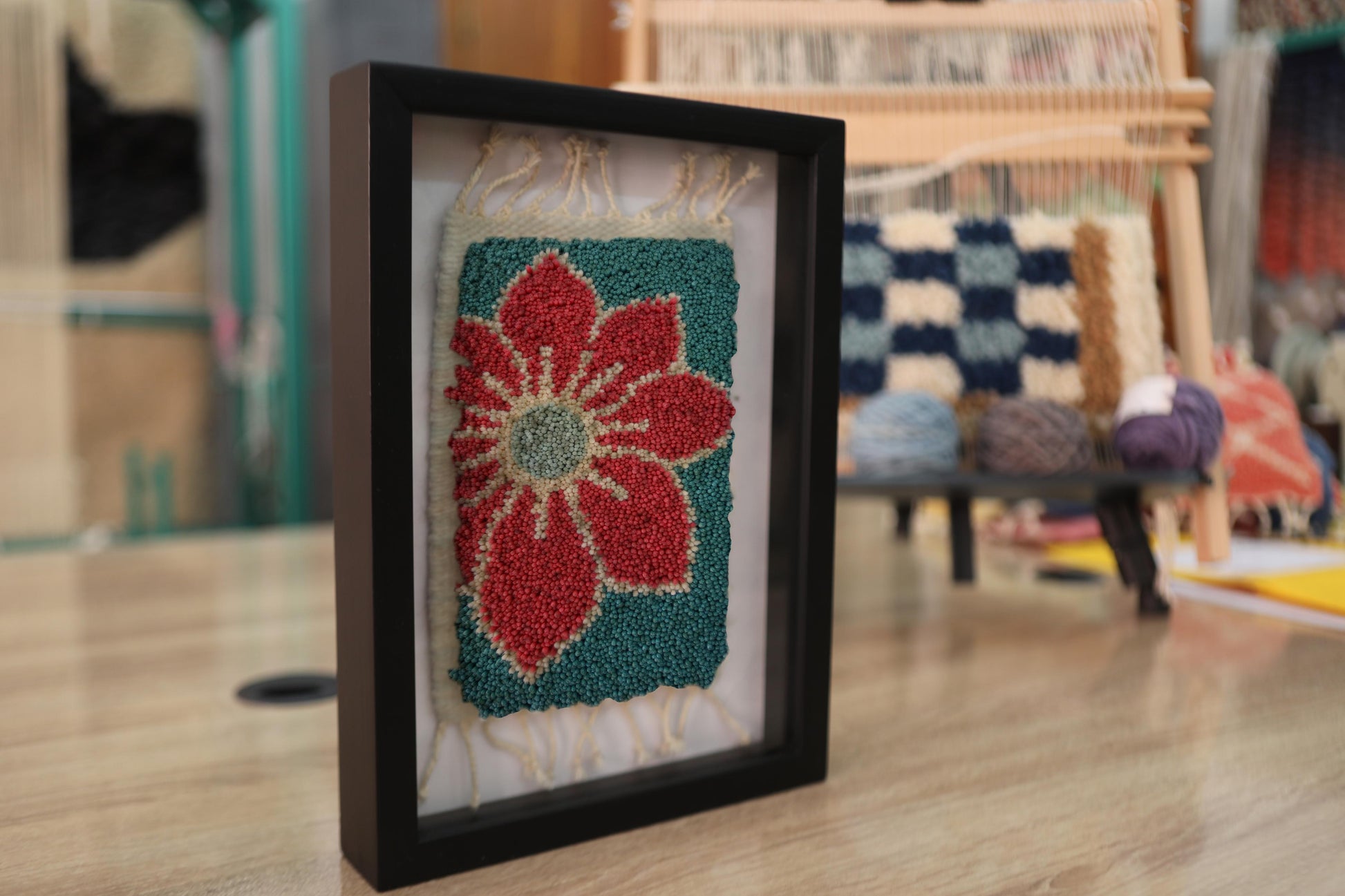 moroccan rug, red flower rug, hand-knotted wall decor, framed mini rug, floral wool tapestry, artisan moroccan textile, boho wall art, flower rug decor, knot by knot weaving, 25x31 cm framed rug
