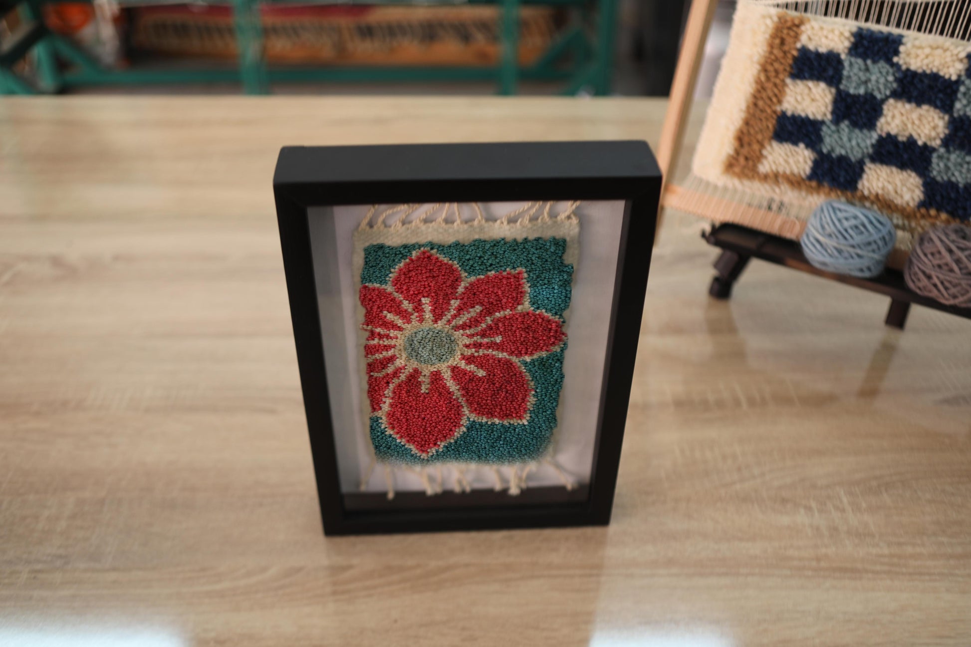 moroccan rug, red flower rug, hand-knotted wall decor, framed mini rug, floral wool tapestry, artisan moroccan textile, boho wall art, flower rug decor, knot by knot weaving, 25x31 cm framed rug
