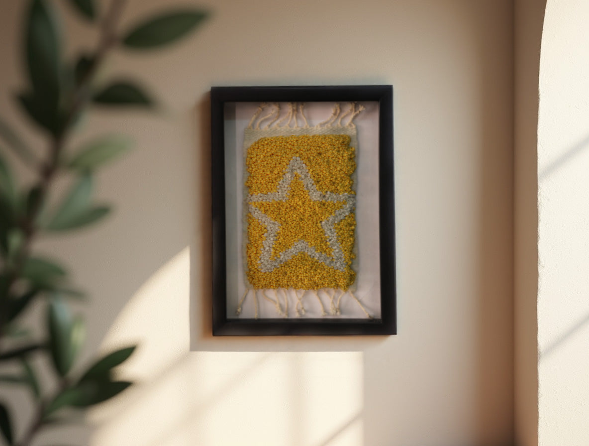 Star Moroccan Rug Wall Art – Hand-Knotted Framed Tapestry Decor (25x31 cm)
