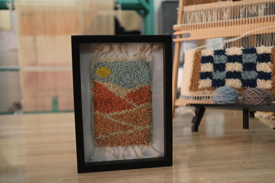 moroccan rug, sunrise wall art, desert wool landscape, hand knotted mini rug, knot by knot rug, framed wool art, moroccan mini textile, blue sky orange dunes, framed moroccan decor, handmade wool tapestry, 25x31 cm moroccan wool art
