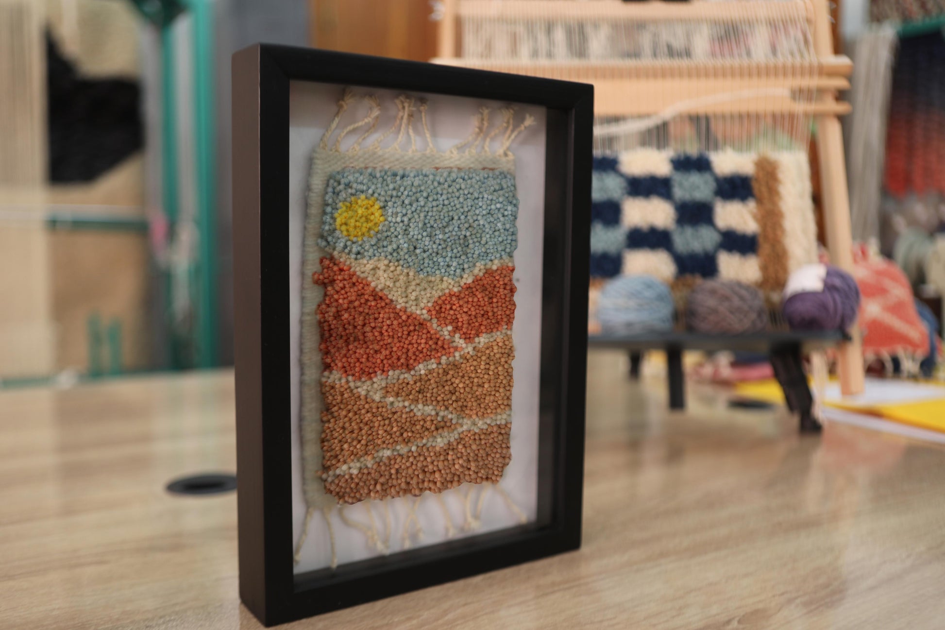 moroccan rug, sunrise wall art, desert wool landscape, hand knotted mini rug, knot by knot rug, framed wool art, moroccan mini textile, blue sky orange dunes, framed moroccan decor, handmade wool tapestry, 25x31 cm moroccan wool art
