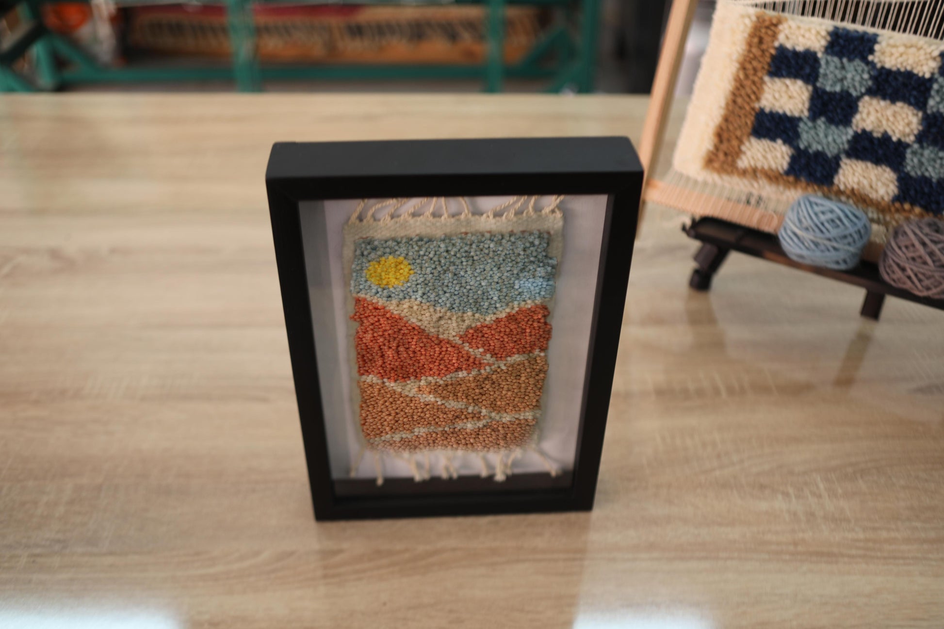moroccan rug, sunrise wall art, desert wool landscape, hand knotted mini rug, knot by knot rug, framed wool art, moroccan mini textile, blue sky orange dunes, framed moroccan decor, handmade wool tapestry, 25x31 cm moroccan wool art
