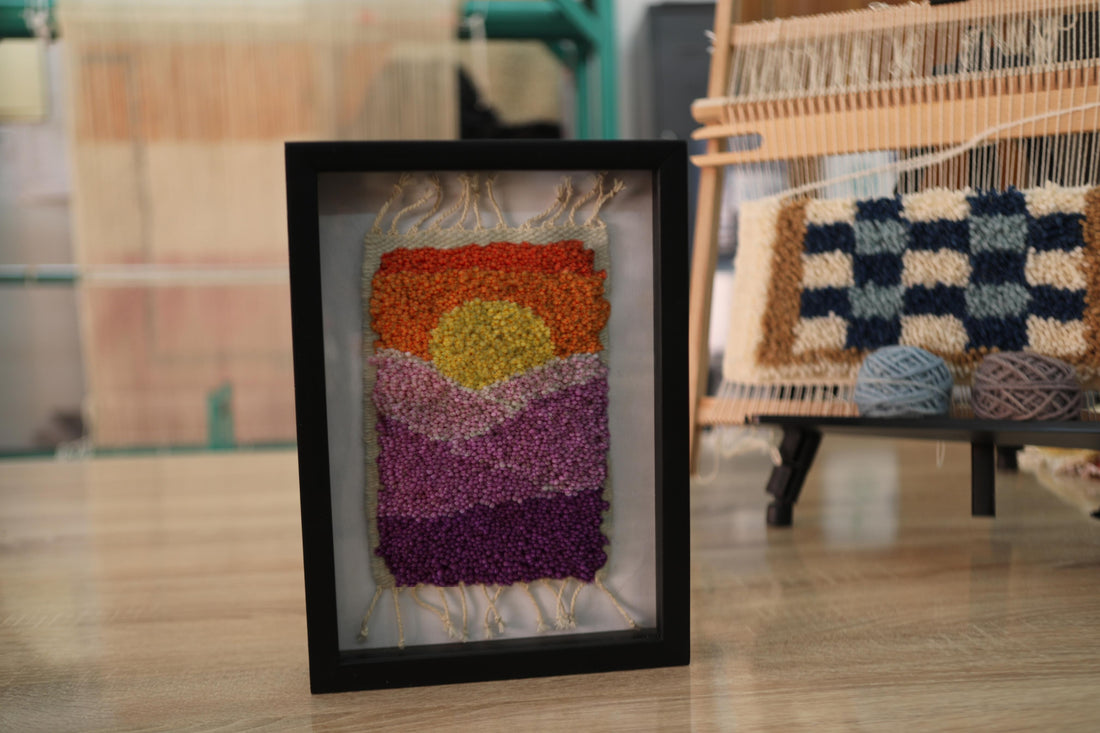moroccan rug, sunrise wall tapestry, hand-knotted wall art, framed rug decor, geometric mountain textile, boho home wall hanging, pink purple orange yellow rug, handmade rug art, 25x31 cm
