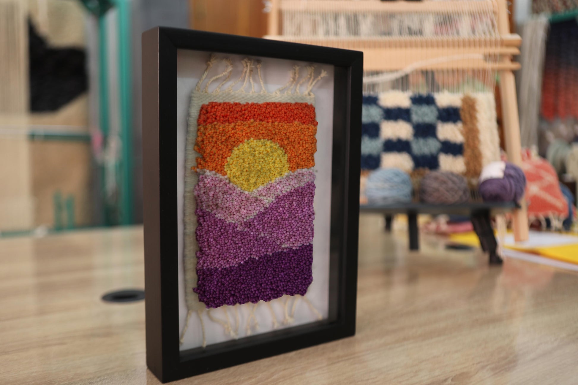 moroccan rug, sunrise wall tapestry, hand-knotted wall art, framed rug decor, geometric mountain textile, boho home wall hanging, pink purple orange yellow rug, handmade rug art, 25x31 cm
