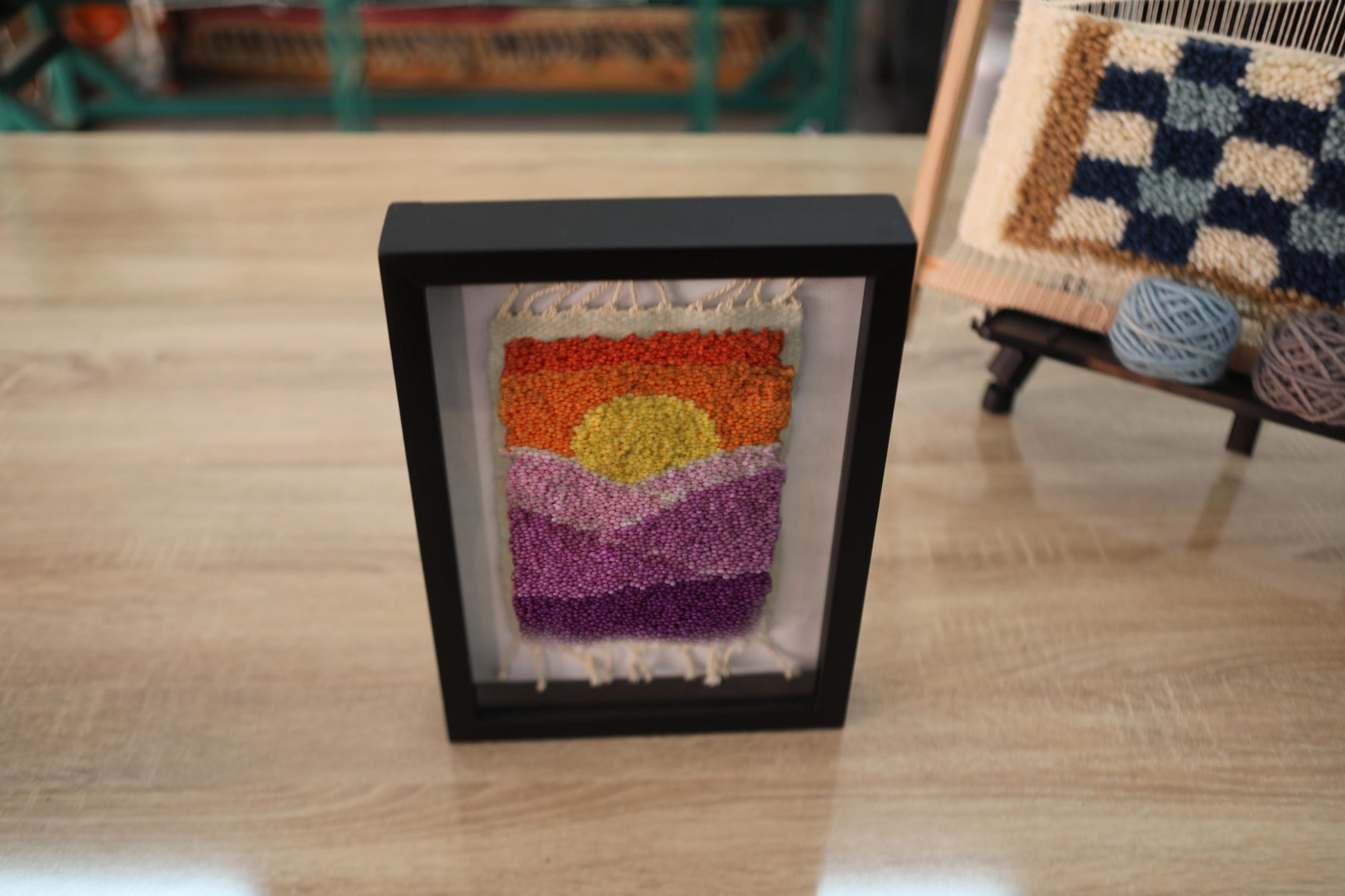 moroccan rug, sunrise wall tapestry, hand-knotted wall art, framed rug decor, geometric mountain textile, boho home wall hanging, pink purple orange yellow rug, handmade rug art, 25x31 cm
