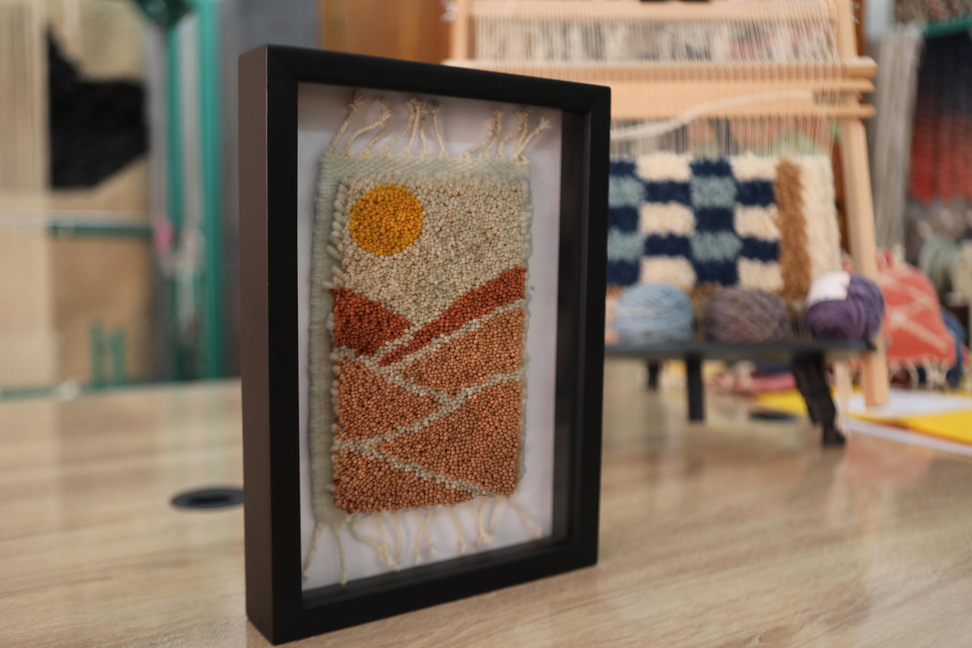 moroccan rug, sunset rug, desert landscape wool rug, mini wall tapestry, earth tones wool art, framed moroccan mini rug, knot by knot rug, orange sun textile art, artisan wall hanging, beige brown moroccan rug, 25x31 cm
