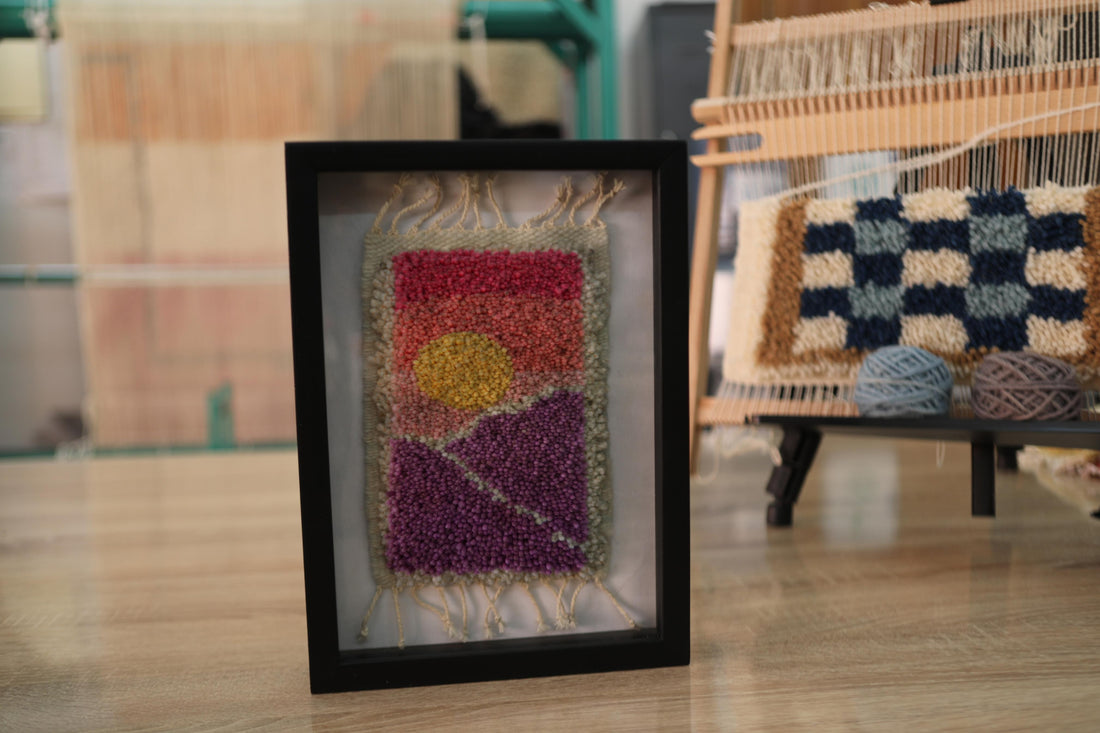 moroccan rug, sunset rug art, abstract wall tapestry, hand-knotted wall art, framed wool decor, modern moroccan rug, knot by knot rug, colorful textile wall piece, 25x31 cm

