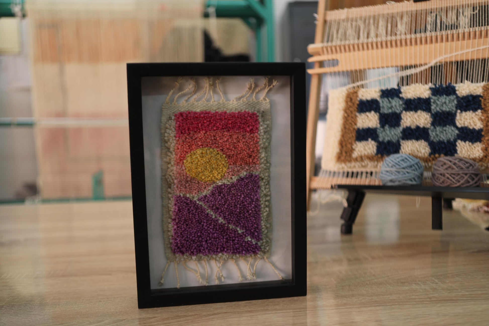 moroccan rug, sunset rug art, abstract wall tapestry, hand-knotted wall art, framed wool decor, modern moroccan rug, knot by knot rug, colorful textile wall piece, 25x31 cm
