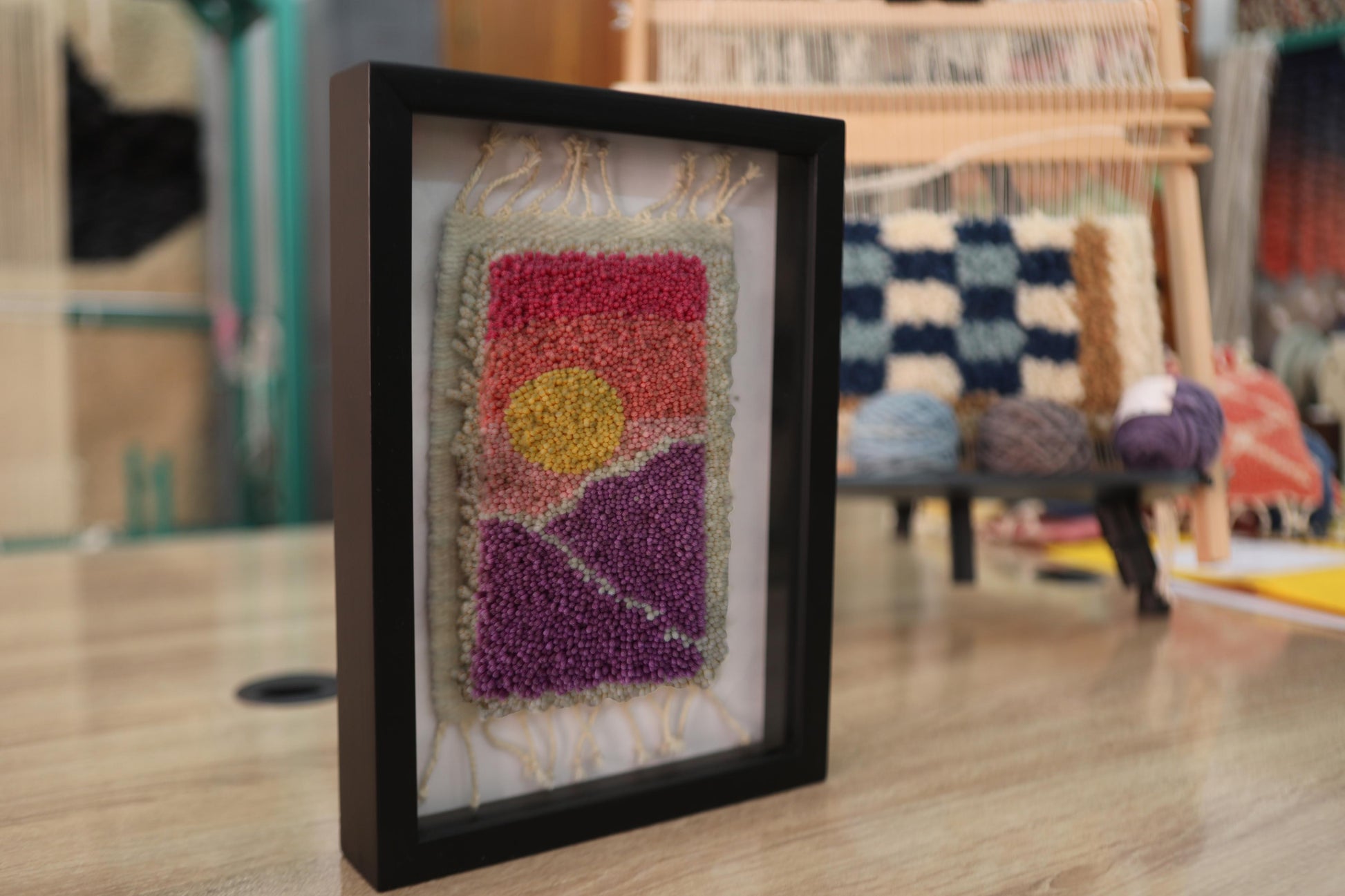 moroccan rug, sunset rug art, abstract wall tapestry, hand-knotted wall art, framed wool decor, modern moroccan rug, knot by knot rug, colorful textile wall piece, 25x31 cm
