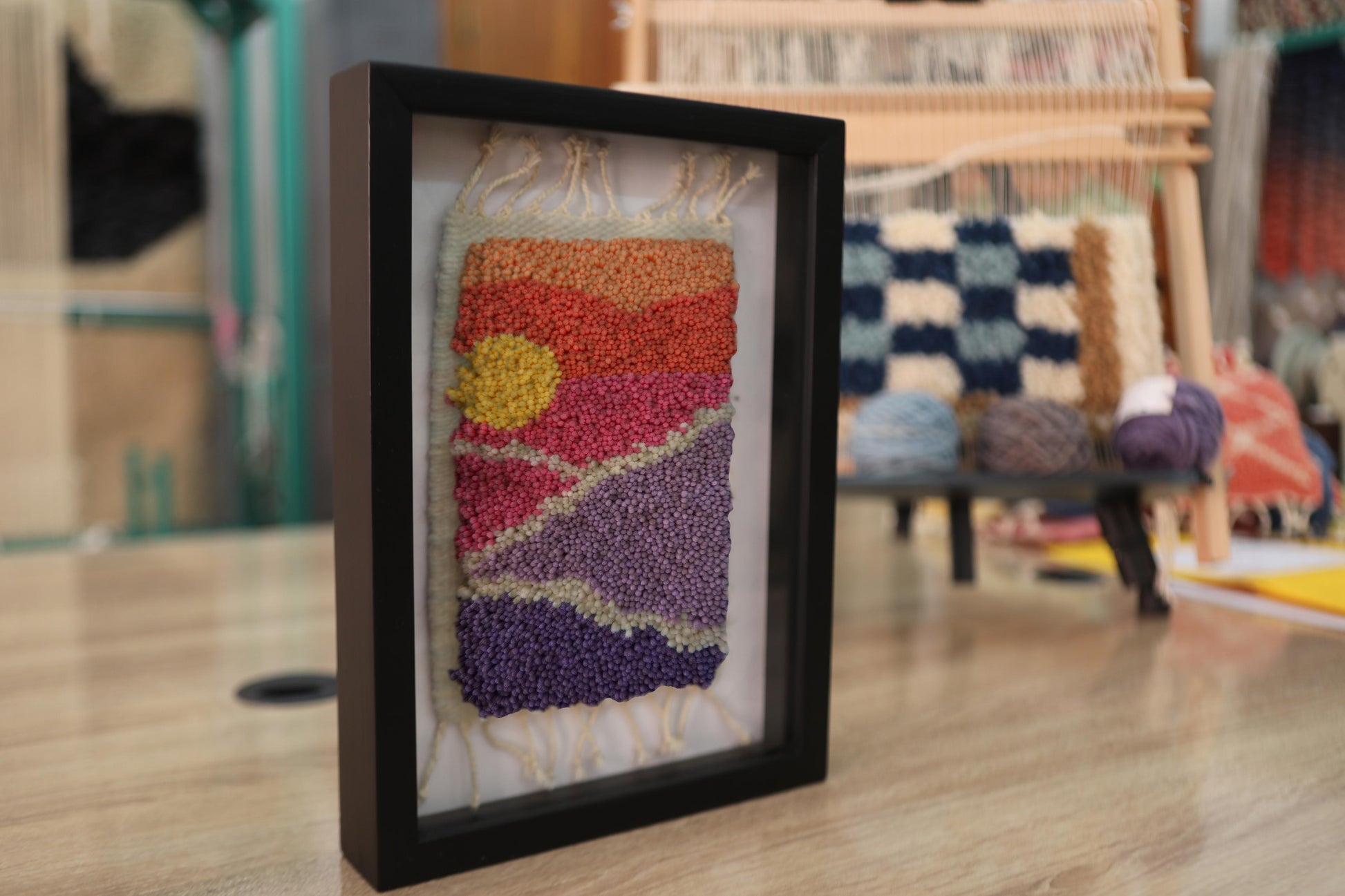 moroccan rug, sunset wall art, hand-knotted rug, boho wall tapestry, framed textile art, purple pink orange rug, knot by knot wall hanging, moroccan sunset decor, small framed rug, 25x31 cm
