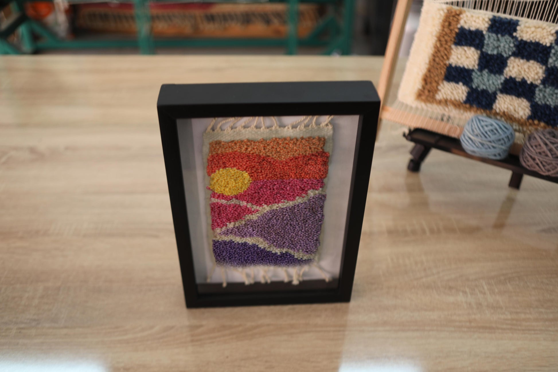 moroccan rug, sunset wall art, hand-knotted rug, boho wall tapestry, framed textile art, purple pink orange rug, knot by knot wall hanging, moroccan sunset decor, small framed rug, 25x31 cm
