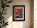 moroccan rug, sunset wall art, hand-knotted rug, boho wall tapestry, framed textile art, purple pink orange rug, knot by knot wall hanging, moroccan sunset decor, small framed rug, 25x31 cm
