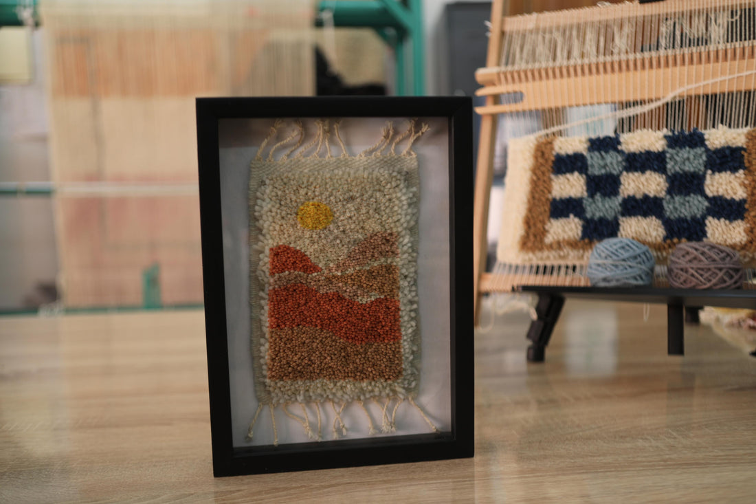 Framed Moroccan Rug Wall Art – Hand-Knotted Sunset Landscape Tapestry (25x31 cm)