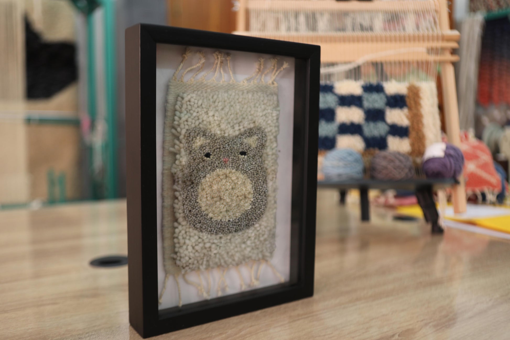 moroccan rug, teddy bear rug, kids wall art, bear nursery decor, hand knotted wool rug, knot by knot mini rug, framed wool bear art, neutral children wall tapestry, wool handmade bear, 25x31 cm rug
