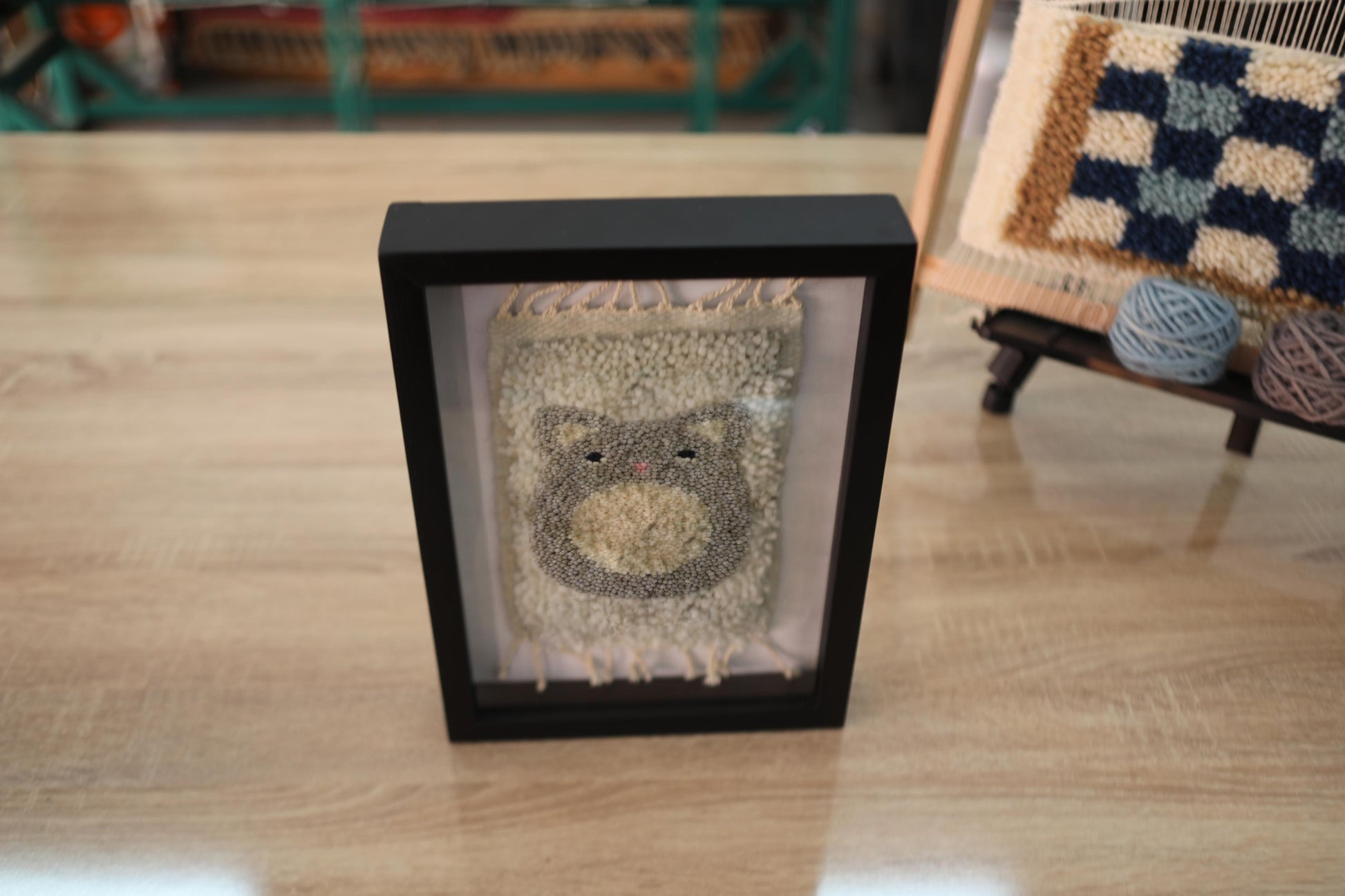 moroccan rug, teddy bear rug, kids wall art, bear nursery decor, hand knotted wool rug, knot by knot mini rug, framed wool bear art, neutral children wall tapestry, wool handmade bear, 25x31 cm rug
