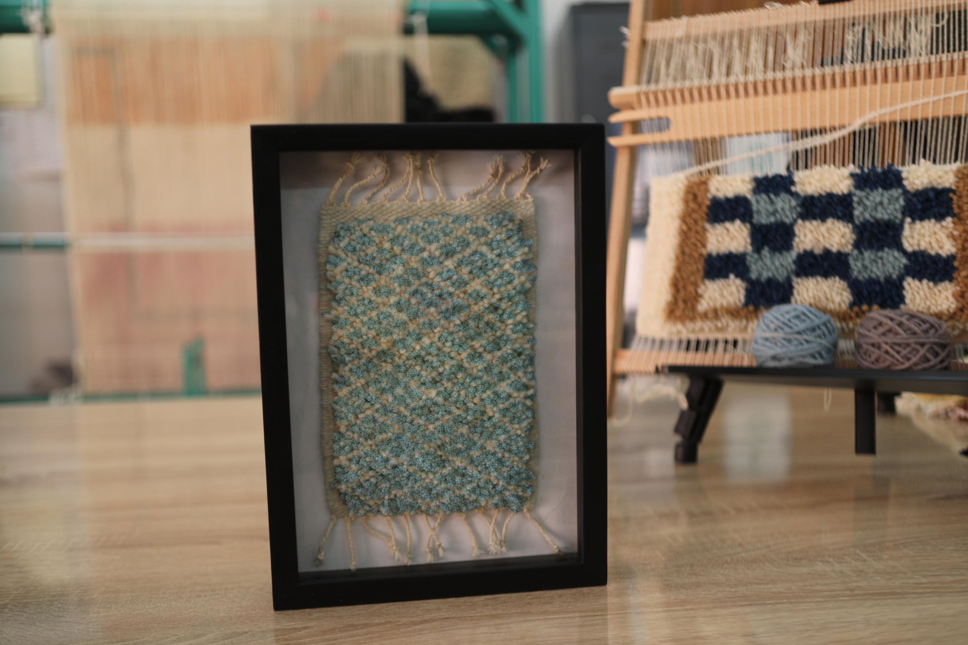 moroccan rug, trellis pattern rug, hand-knotted rug art, mint wool wall hanging, framed moroccan textile, small rug decor, knot by knot weaving, boho mini rug, 25x31 cm, handmade moroccan wall art
