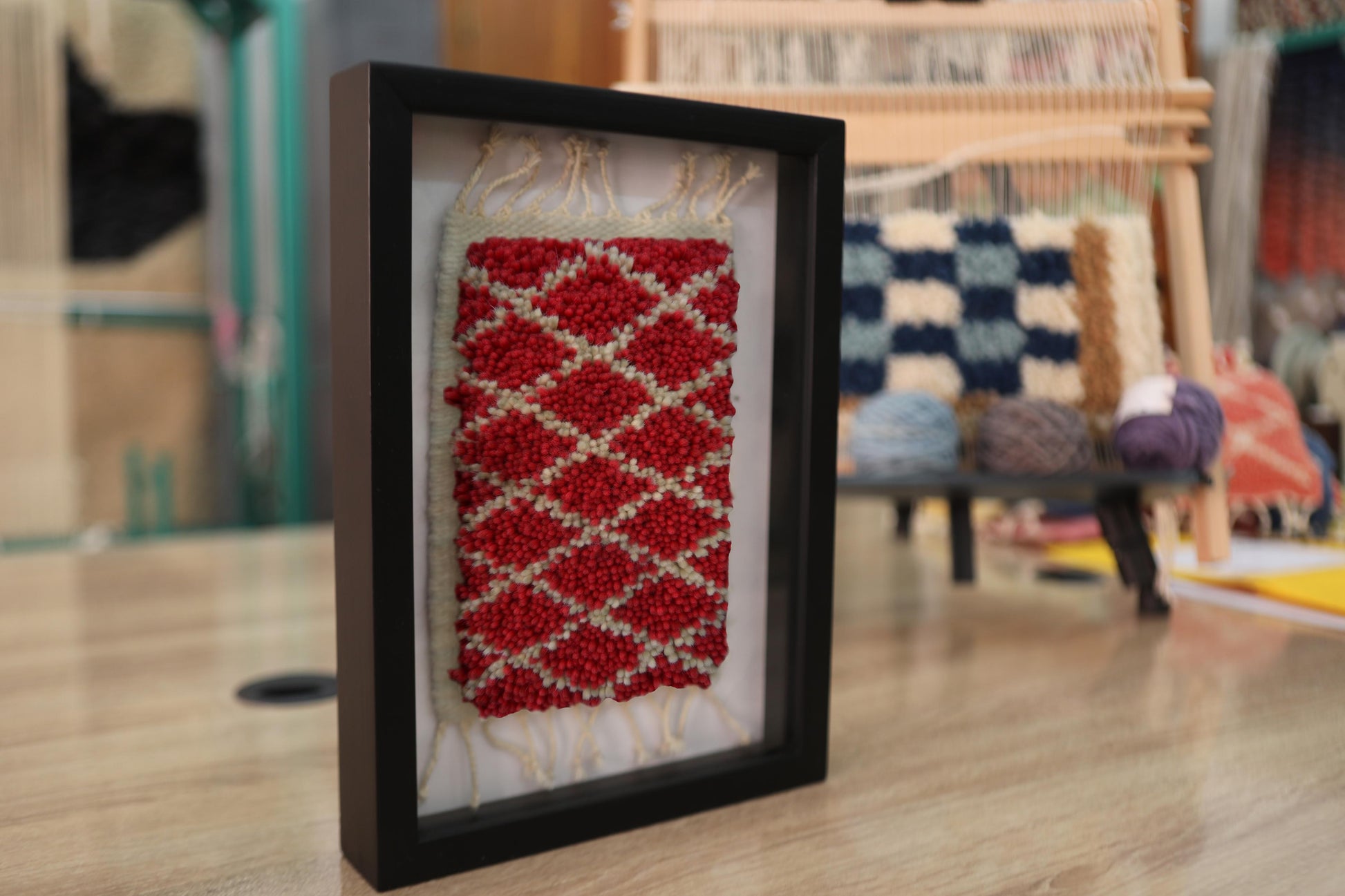 moroccan rug, trellis pattern rug, red moroccan wall art, handmade rug, knotted rug, framed rug, tribal decor, wool rug wall hanging, lattice moroccan textile, knot by knot rug, mini berber rug

