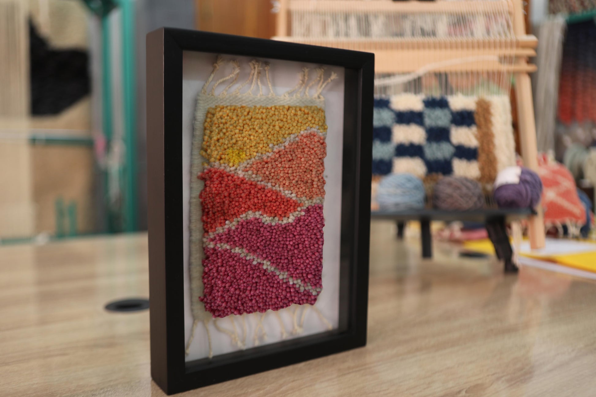 moroccan rug, wall art, hand-knotted rug, framed textile art, boho decor, colorful rug art, wool wall hanging, diagonal abstract rug, 25x31 cm, knot by knot handmade
