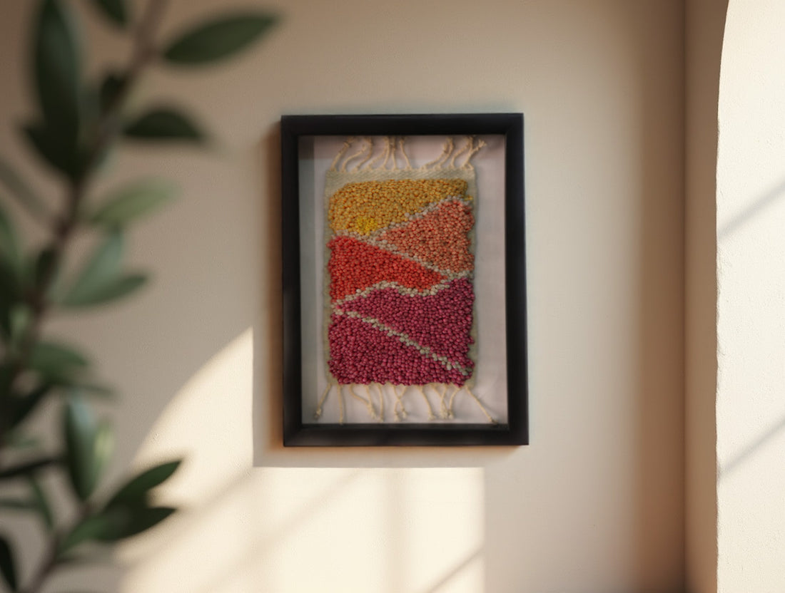 moroccan rug, wall art, hand-knotted rug, framed textile art, boho decor, colorful rug art, wool wall hanging, diagonal abstract rug, 25x31 cm, knot by knot handmade
