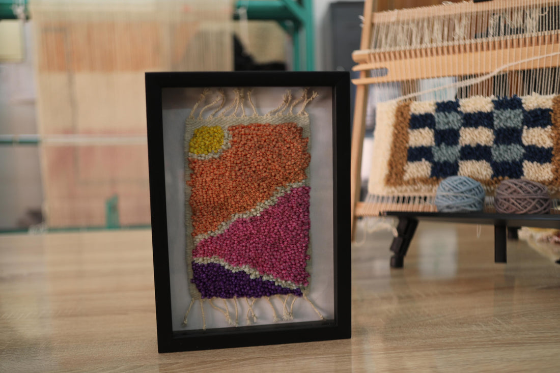 moroccan rug, wall art, hand-knotted rug, framed textile art, boho wall decor, sunset design, colorful rug, wool wall hanging, knot by knot, 25x31 cm rug art
