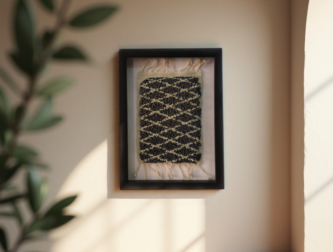 moroccan rug, wave diamond pattern, wall art, hand knotted wool, framed rug, black and ivory design, wool wall hanging, small tapestry art, traditional moroccan textile, artisan handmade, 25x31 cm
