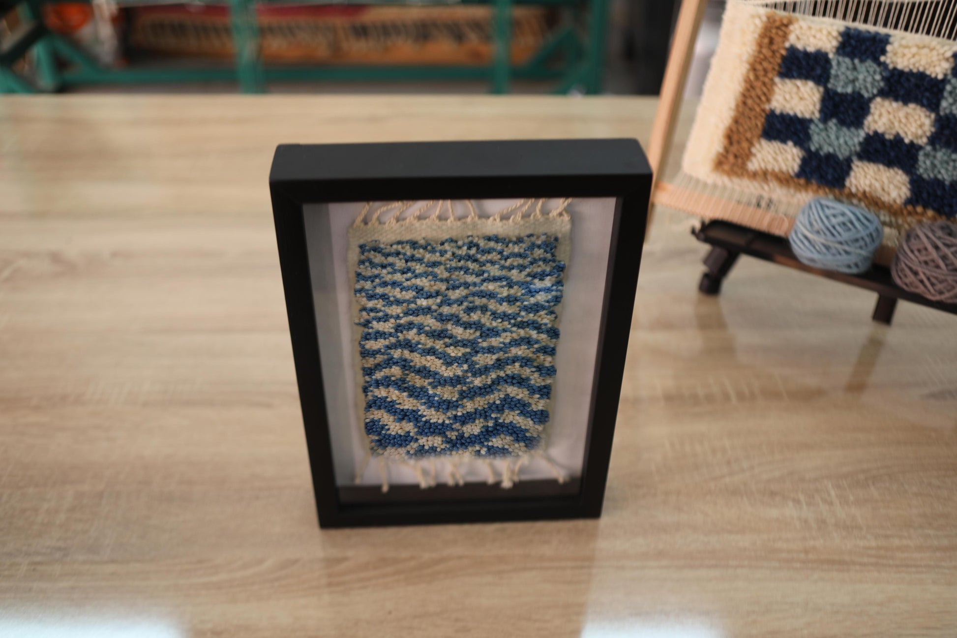 moroccan rug, wave pattern rug, ocean design textile, framed rug art, blue beige mini rug, hand knotted wool, moroccan decor, small rug artwork, knot by knot, 25x31 cm rug, artisan wall piece
