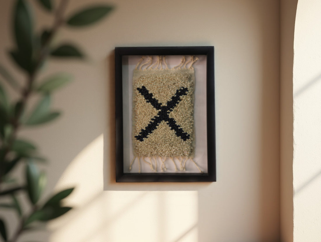 moroccan rug, x pattern rug wall art, framed wool wall hanging, hand-knotted mini rug, boho wall decor, black and beige wool tapestry, knot by knot weaving, artisan moroccan textile, tribal wall art, framed bohemian rug
