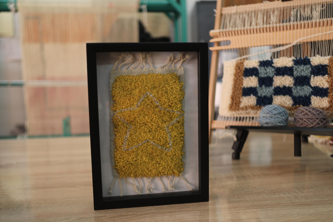 moroccan rug, yellow wool wall art, starburst rug, hand-knotted wool rug, boho framed tapestry, celestial decor, handmade rug wall hanging, knot by knot moroccan rug, modern moroccan textile, framed starburst wall piece, small rug tapestry, 25x31 cm
